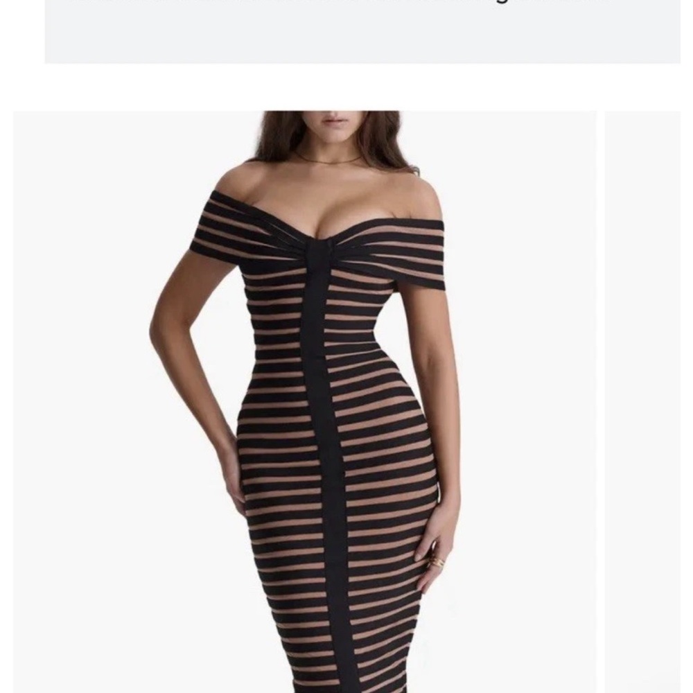 House of CB Black and Tan Off-Shoulder Midi Dress